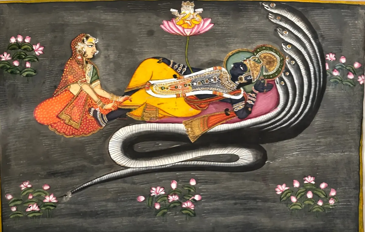 Nathdwara painting of Vishnu reclining on Shesha with Lakshmi at his feet
